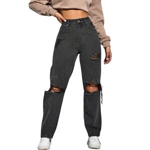 SHEIN Black Mom Jeans High Rise Ripped Straight Leg 90s Small